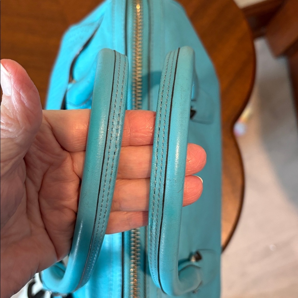 Coach perforated leather Haley Satchel turquoise/white tassels & hangtag Exce - Picture 17 of 17